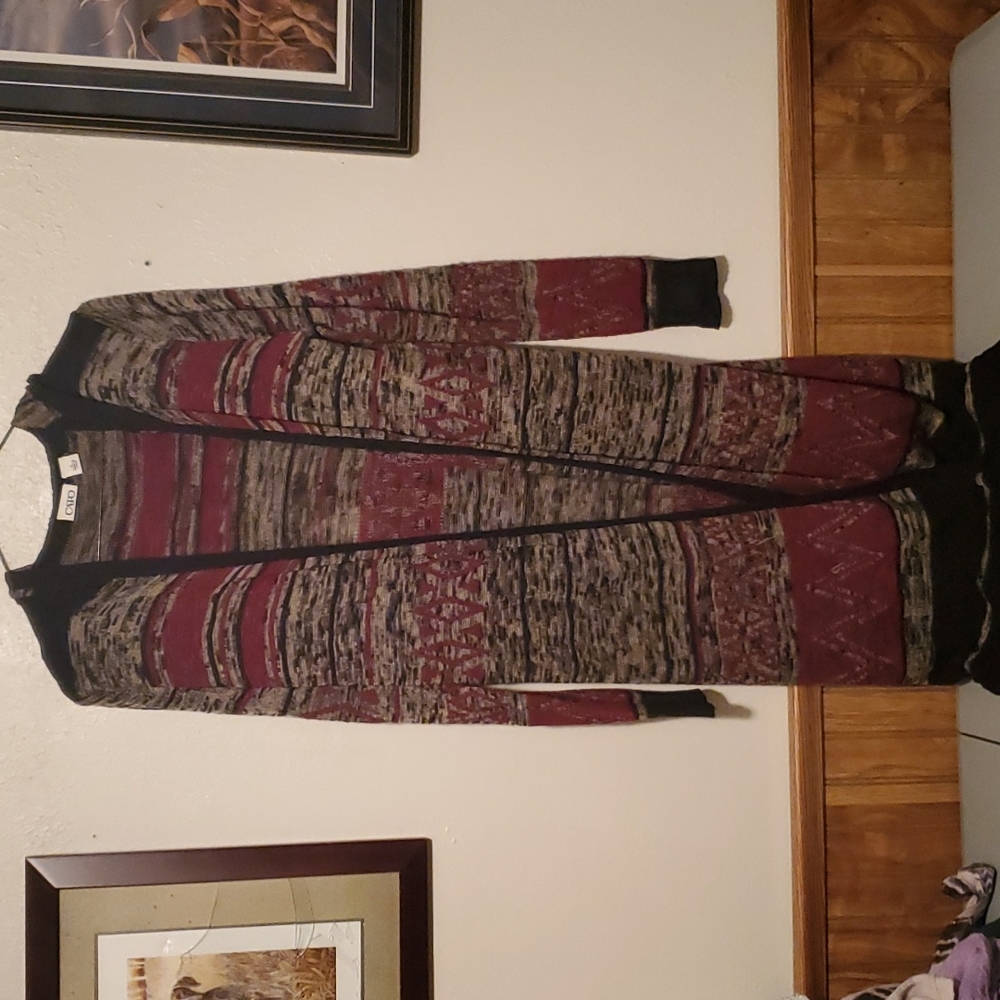 Cato Long Open-Front Cardigan in Burgundy, Black, Gray